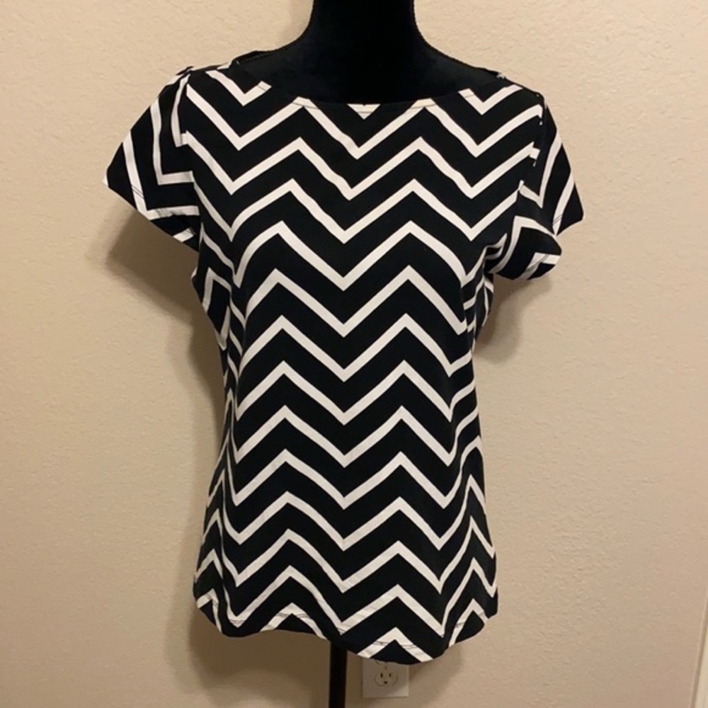 Lauren Ralph Lauren Black White Chevron Short Sleeve Shirt Women's